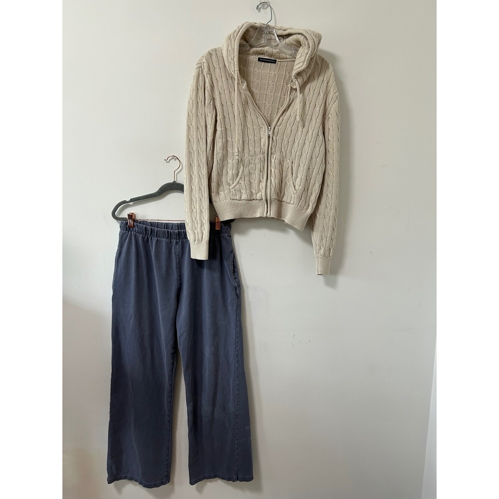 Brandy Melville Cable Sweater Zip Hoodie Wide Leg Pant One Size Outfit Set